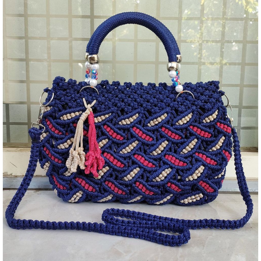 Tas Selempang Rajut TaliKur Daun Mutiara / Tas Talikur Motif Daun panjang / Tas Talikur  Wanita