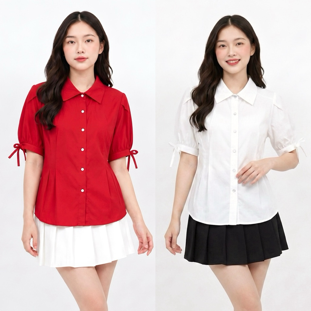 [ycl] Ruby Ribbon Puff Shirt – Kemeja Katun Merah Putih Wanita Premium