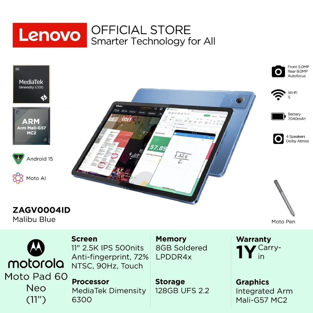 Motorola Moto Pad 60 Neo 11 inch 04ID + Pen, MediaTek Dimensity 6300, RAM 8GB, 128GB UFS, 11" 2.5K I