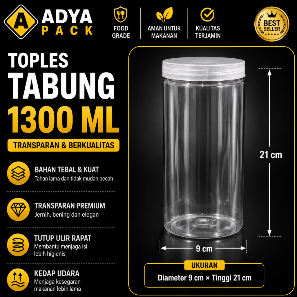Toples Tabung Silinder 1300 1400 ml - Jar Plastik Mamitoko Fox Ulir
