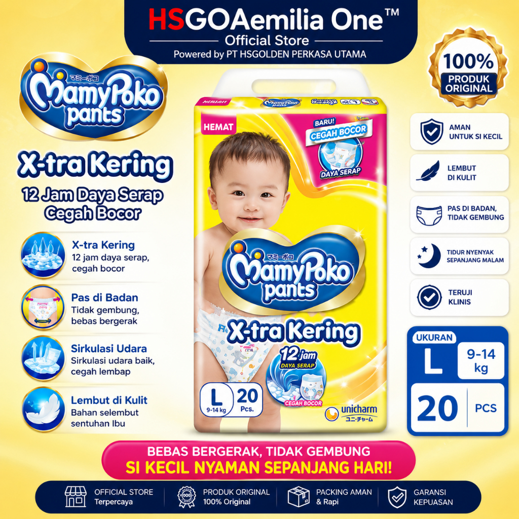 MAMYPOKO Popok Bayi X-tra Kering Celana UK L Isi 20 Pcs 1 Ball