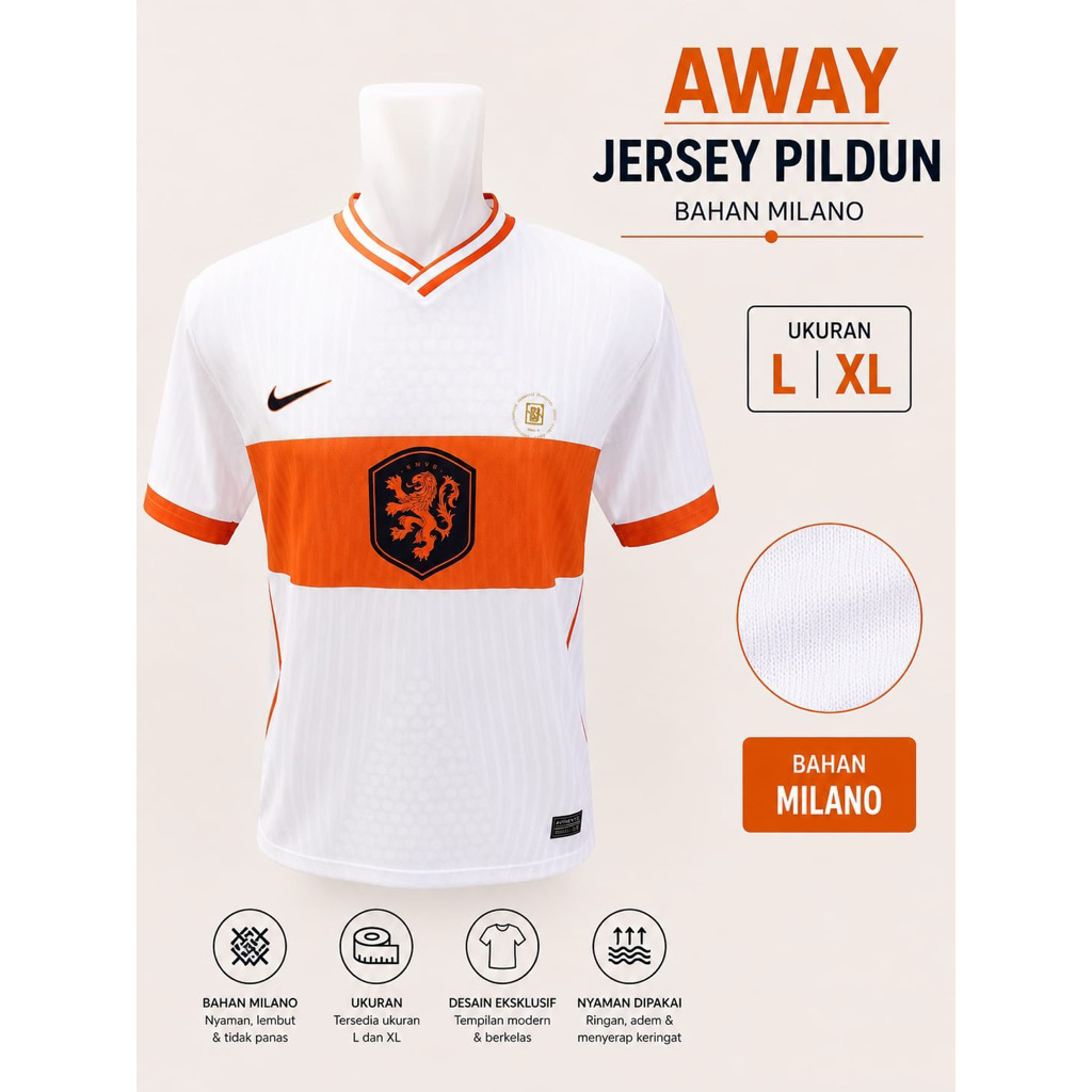 Jersey Belanda Away 2026/2027 Putih Orange | Jersey Timnas Netherlands Away Premium Milano L-XL