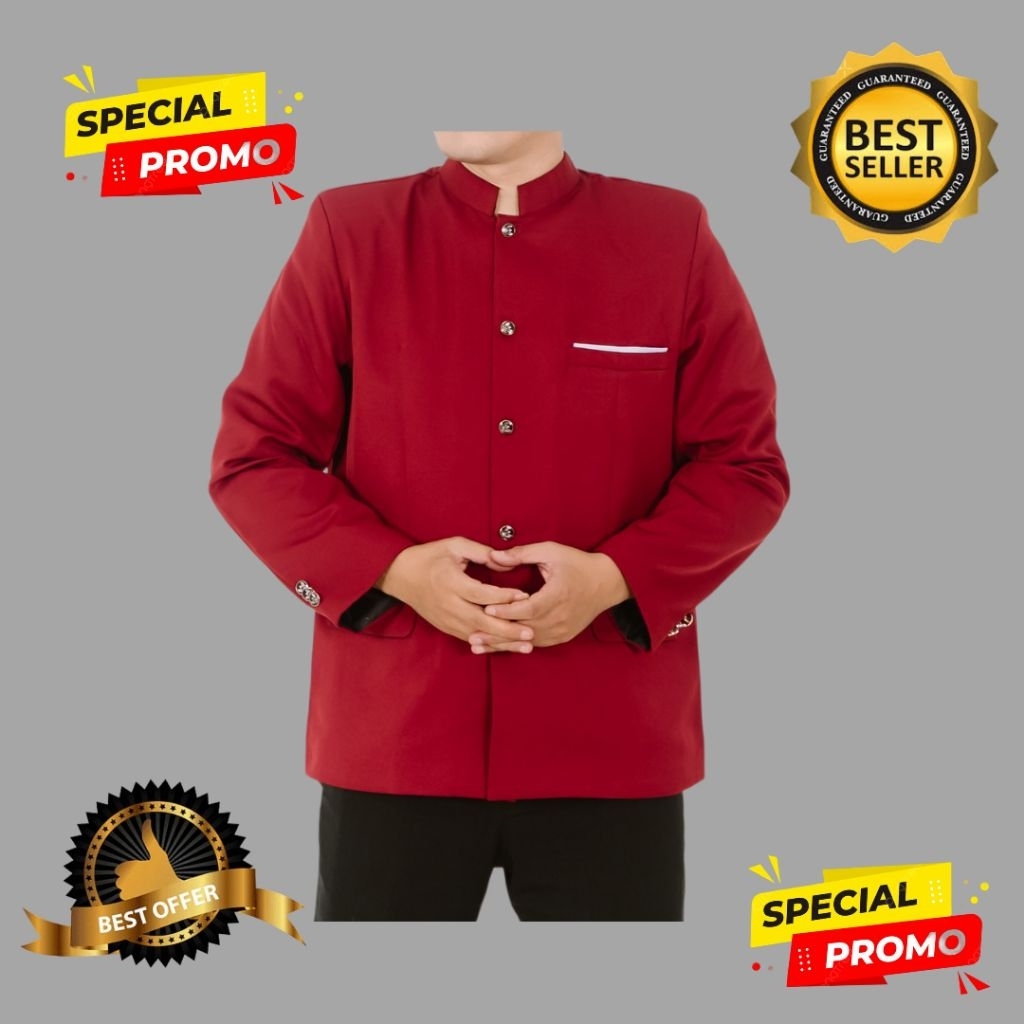 Jas Koko Jasko Mandarin Pria Warna Merah Maroon List saku putih
