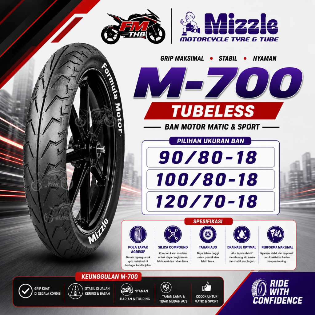 Ban Mizzle M700 M-700 Tubeless (Pilih Ukuran) - Ban Motor Ring 18 Tubles