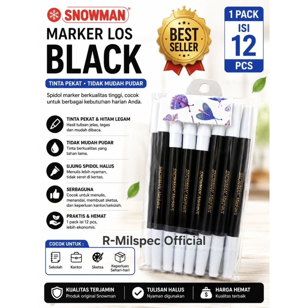 SPIDOL SNOWMAN MARKER HITAM (1 PACK ISI 12 PCS) /spidol hitam kecil snowman 1 pack isi 12 pcs