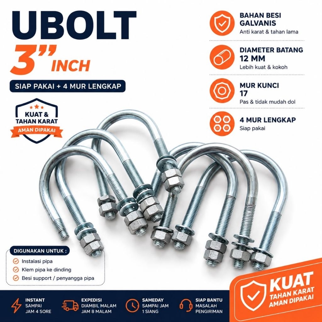 U Bolt 3" Inch batang12mm + 4 Mur Galvanis  Ring Per, Ring plat Kumplit