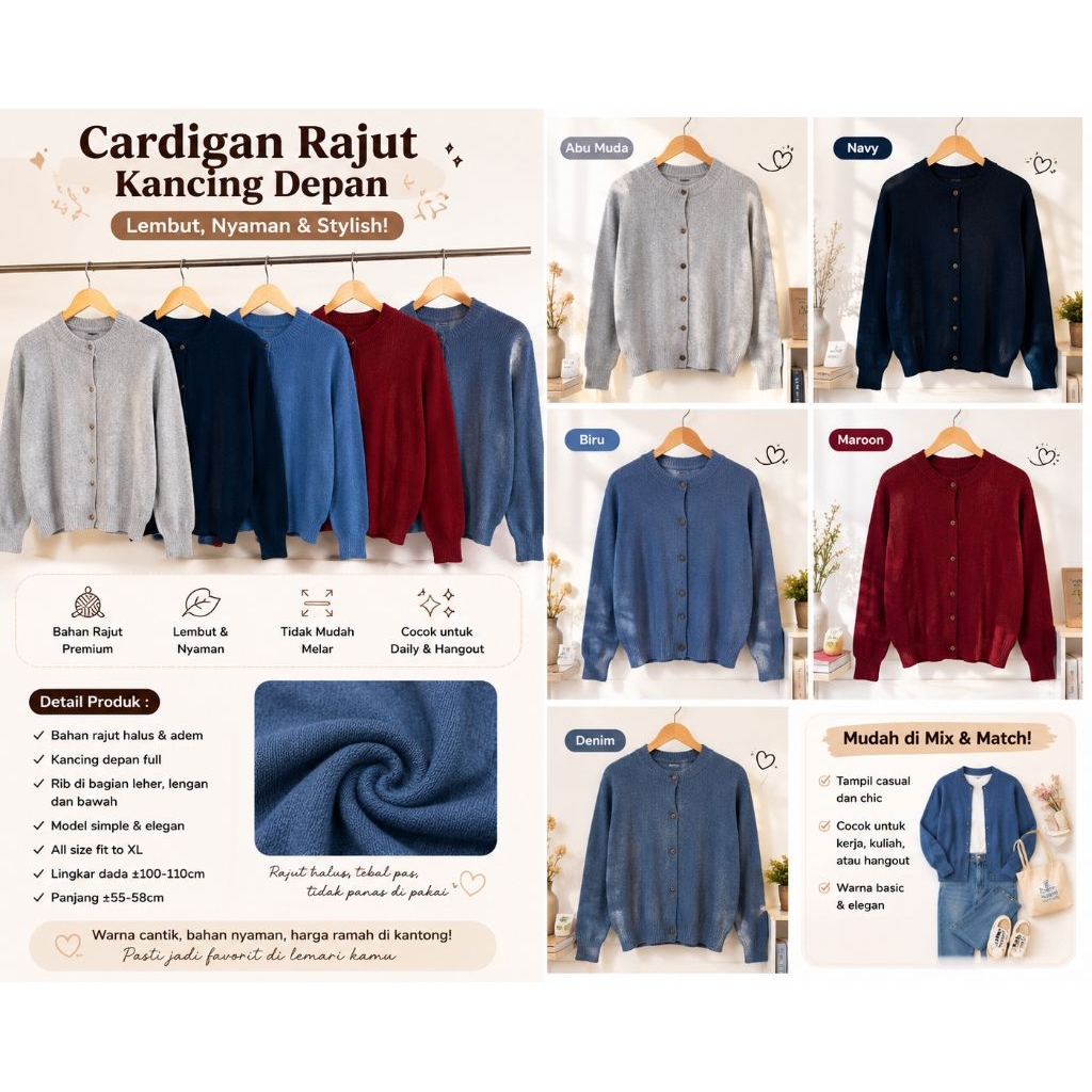 Cardigan rajut wanita kancing depan