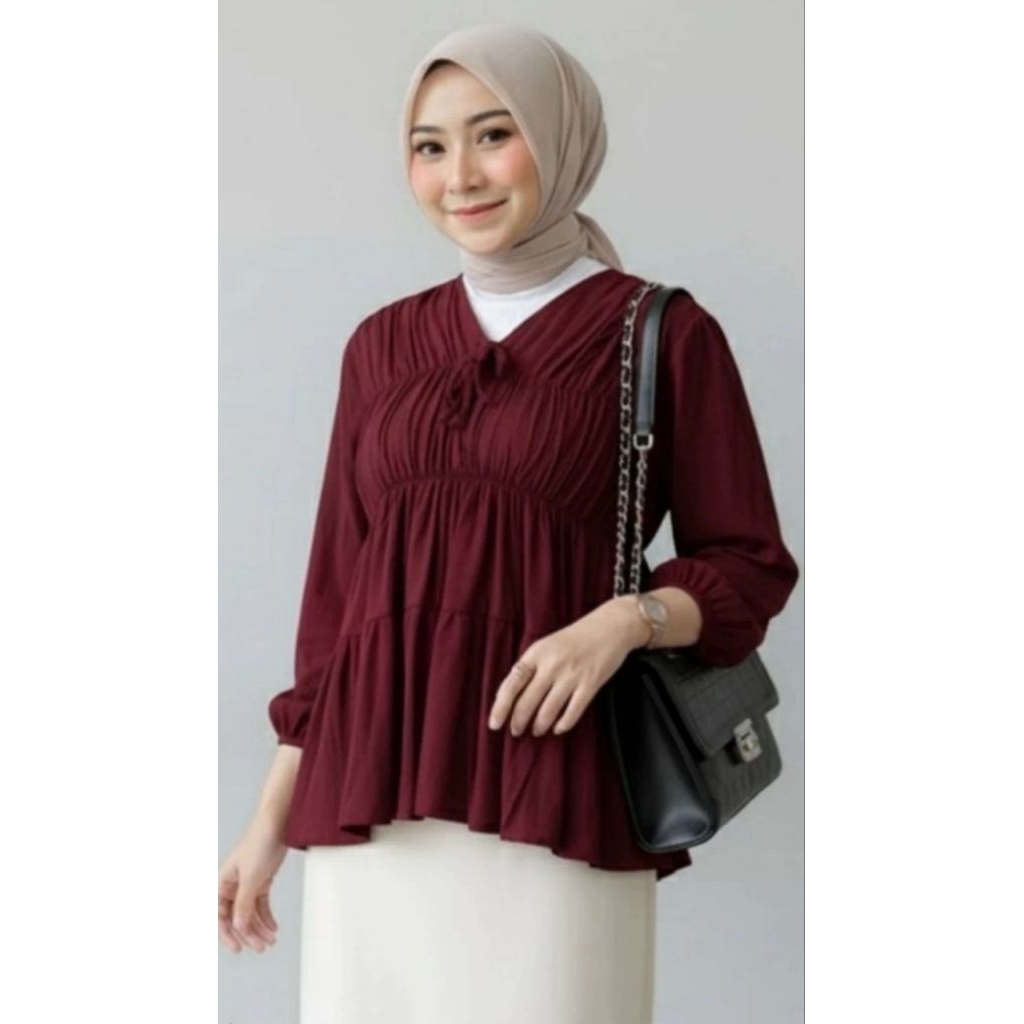 Mireya Blouse Dada Kerut Rayon Polos Wanita Lengan Panjang | Baju Atasan Wanita Terbaru | Outfit Hij