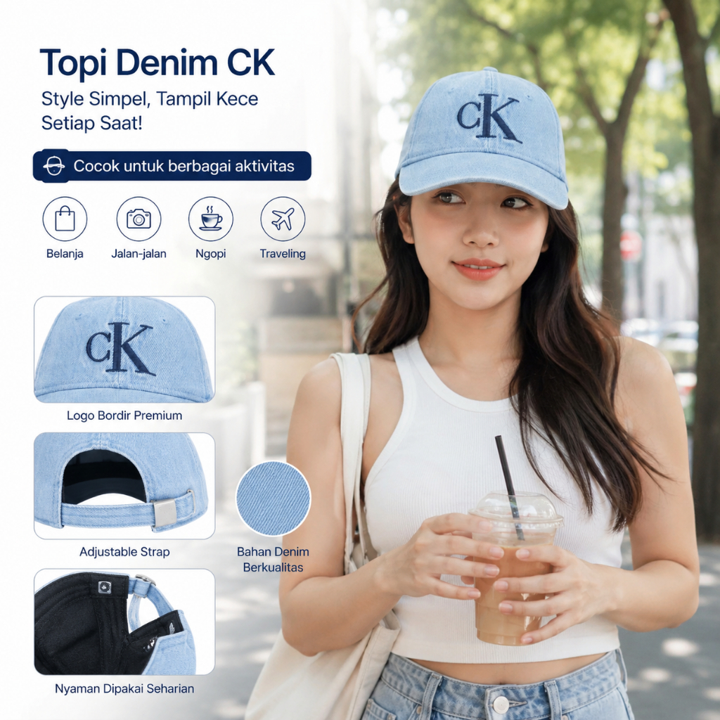 Topi Baseball Calvin Klein CK Unisex Adjustable Casual Fashion Pria Wanita - Hitam Putih Biru Muda D