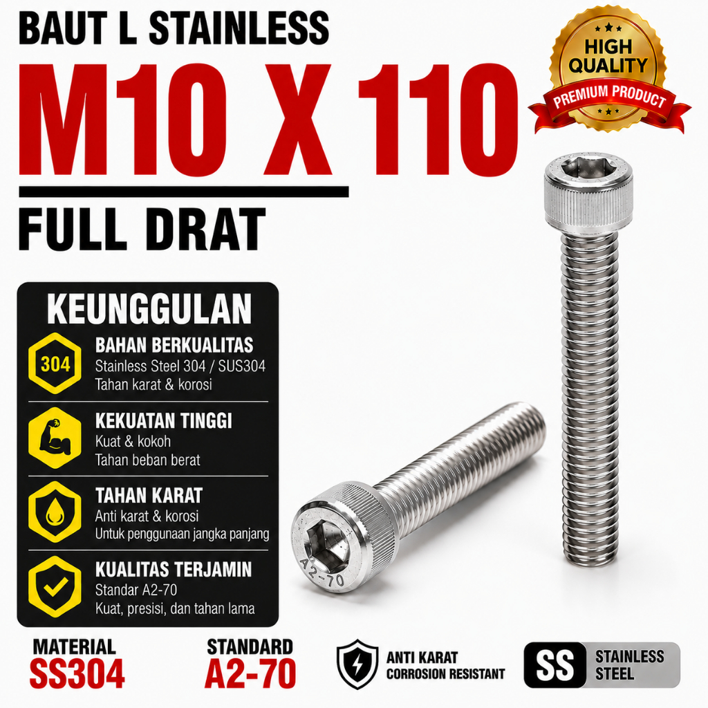 Baut L Stainless M10X110 / 10X110 / M10 X 110 / 10 X 110 Full Drat SS304 / SUS304 / A2-70