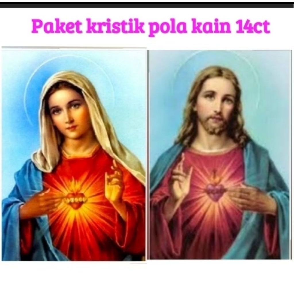 CROSS STITCH MARIA YESUS HATI KUDUS POLA KAIN KRISTIK PAKET SULAM SILANG 14CT