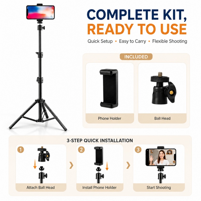 Set Paket Tripod 2.1M 210cm Mini Head ball Holder E U Clip Clamp Monopod Untuk Pegangan Smartphone Handphone Unboxing Light Stand Tiang Lampu Studio Foto Video HP Ponsel Jepitan Kamera Ringlight Vlog Live Streaming Lipat Portable Kuat Tinggi Kaki Lock