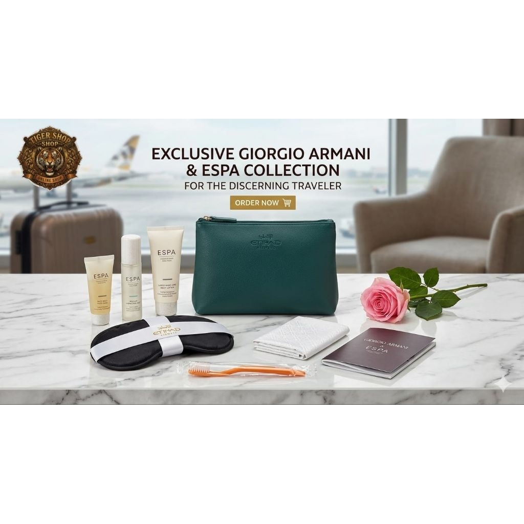 Etihad Airways Premium Amenity Kit with ESPA Skincare - Green Leather Pouch