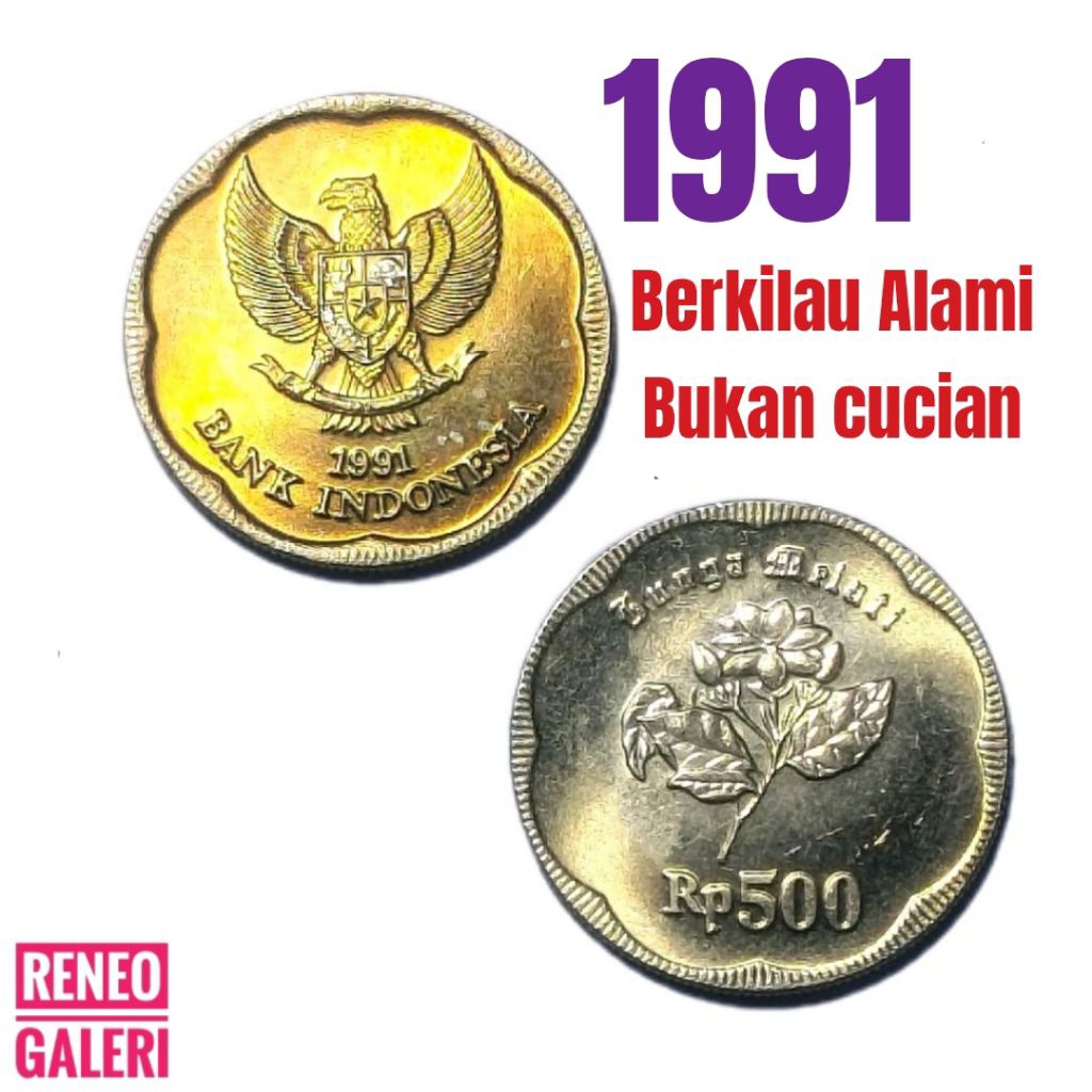Berkilau Koin 500 Rupiah Tahun 1991 Melati Besar Asli Uang logam Indonesia kuno Glowing alami origin