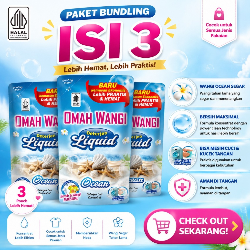 Omah Wangi Detergent Cair Paket Hemat Isi 3 Pouch 250ml Bersih Maksimal Angkat Noda dan Wangi Tahan 