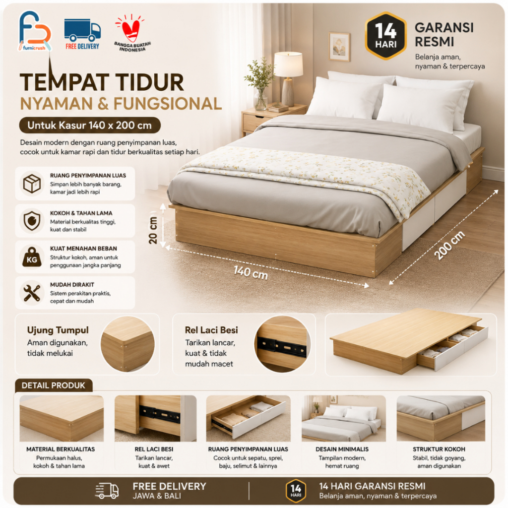 Furnicrush Alas Tempat Tidur / Divan / Divan Headboard / Dipan 140 / Tempat Tidur dengan Laci / Dipa