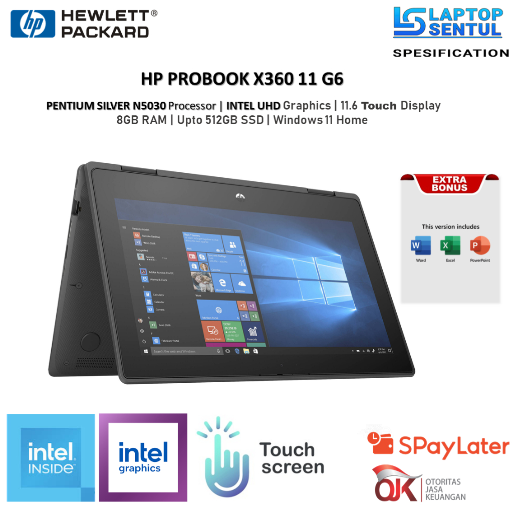 Laptop Murah HP PROBOOK X360 11 PENTIUM SILVER N5030 RAM 8GB SSD 512GB Windows 11