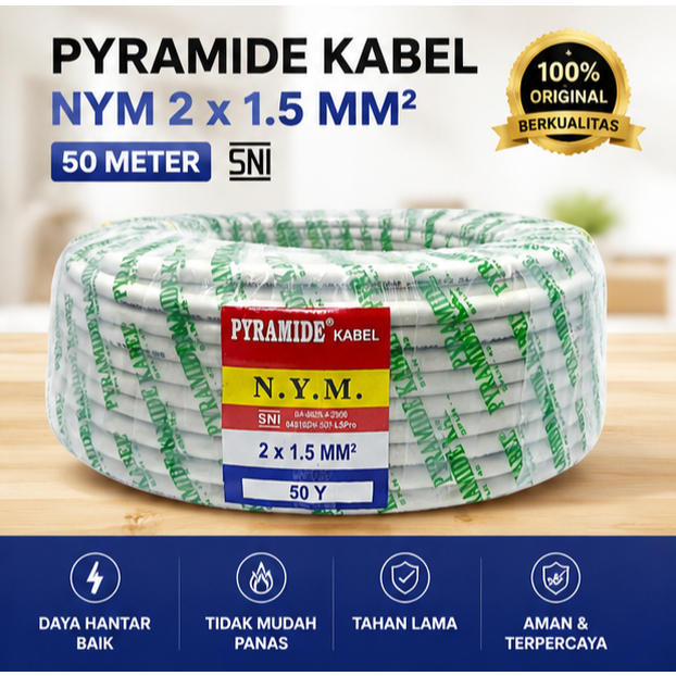 BEST Kabel Listrik Tembaga Asli NYM 2 x 1.5 x 50 YARD | Kabel Kawat 1 Roll SNI - PYRAMIDE