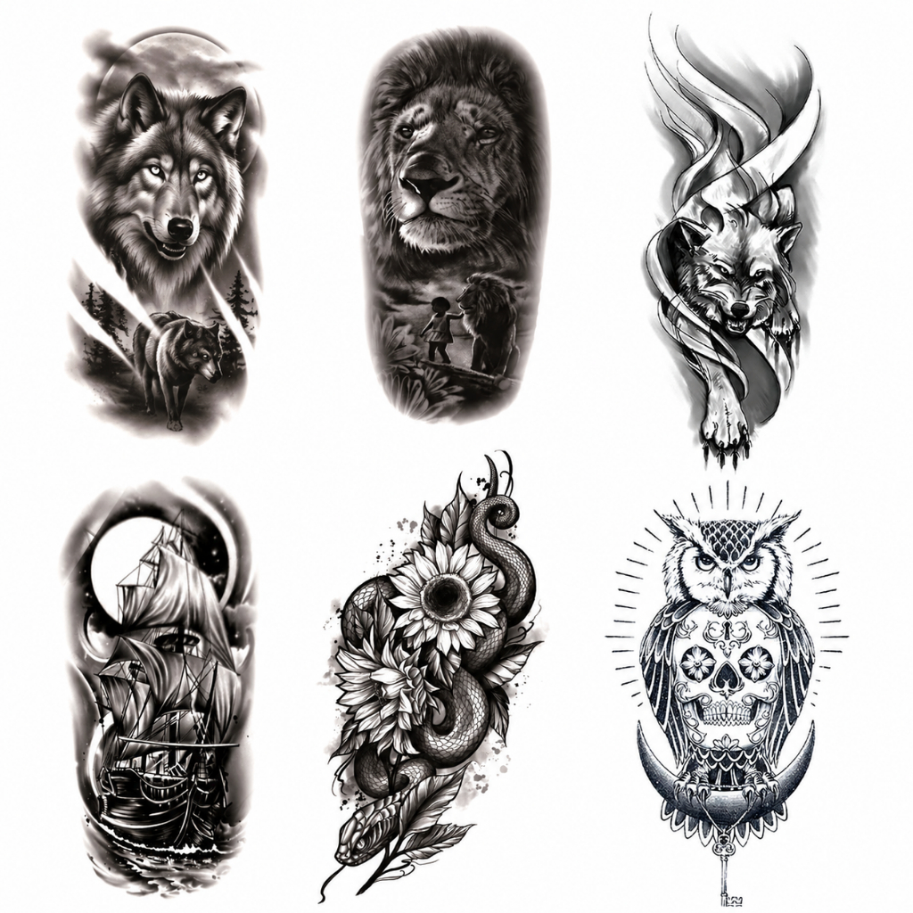 Stiker Tato Temporary Black Grey Realis Wolf Lion Owl Snake Skull Ship Design Waterproof – Flash Tat