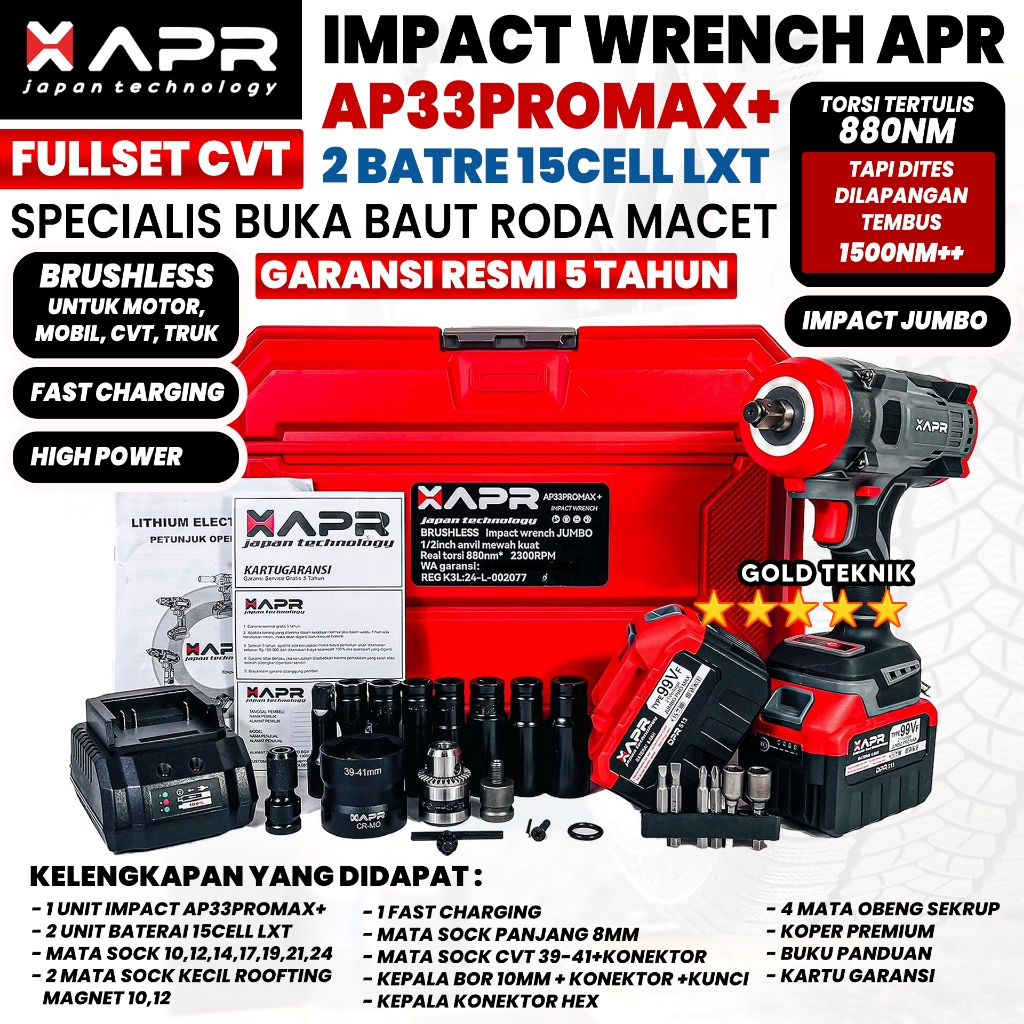 APR Impact Wrench Jumbo 1850nm 99vf AP33 PROMAX+ pembuka roda ban motor mobil cvt truck brushless