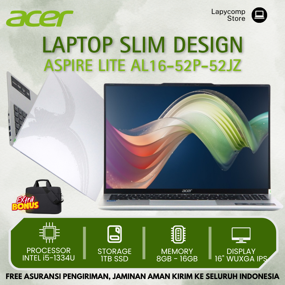 Acer Aspire Lite 16 - 52JZ Core i5 1334U Ssd 1TB Ram 16GB 16" IPS Laptop Baru Bisnis Kerja Pelajar
