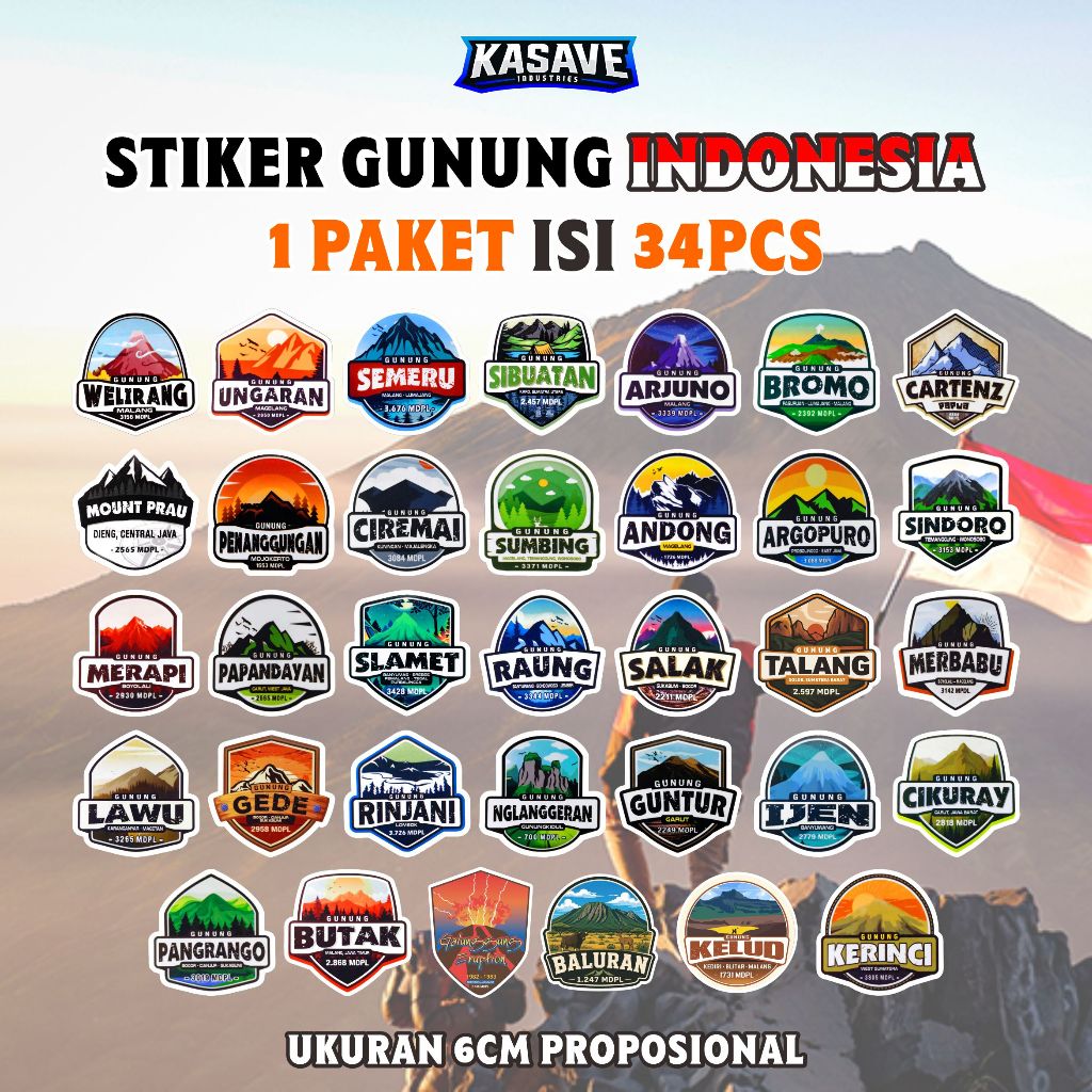 STIKER GUNUNG INDONESIA 1 PAKET ISI 34 PCS / STIKER OUTDOOR / STIKER GUNUNG / STIKER INDONESIA