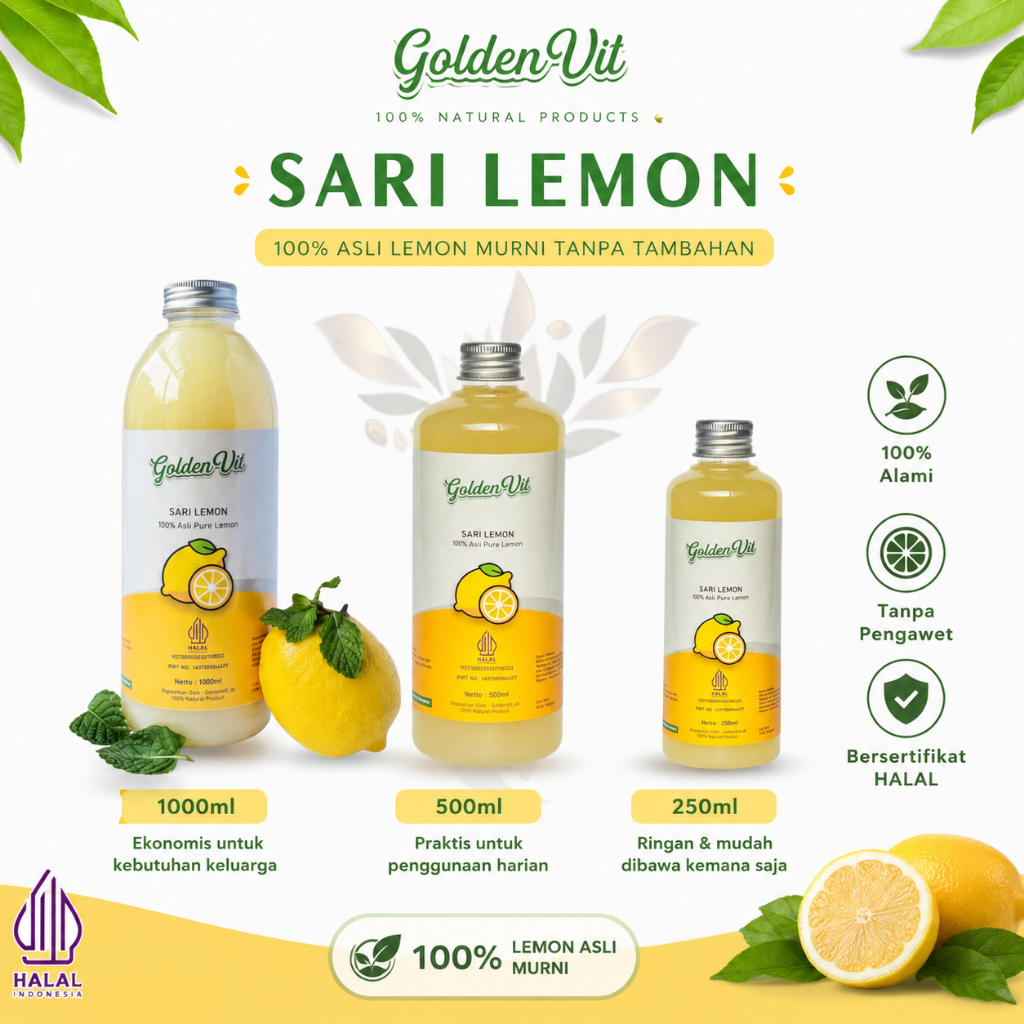 Goldenvit sari buah lemon / sari lemon murni 500ml / air perasan lemon /sari buah lemon murni