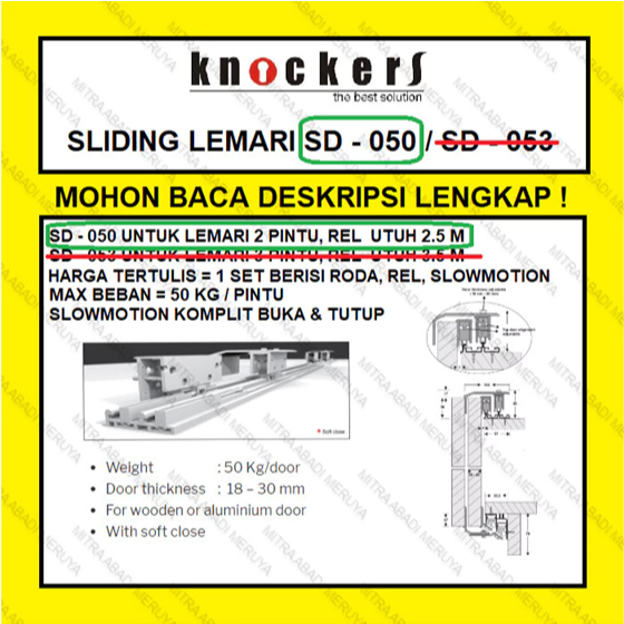 Roda dan Rel Sliding SD 050 KNOCKERS Sliding Lemari Wardrobe