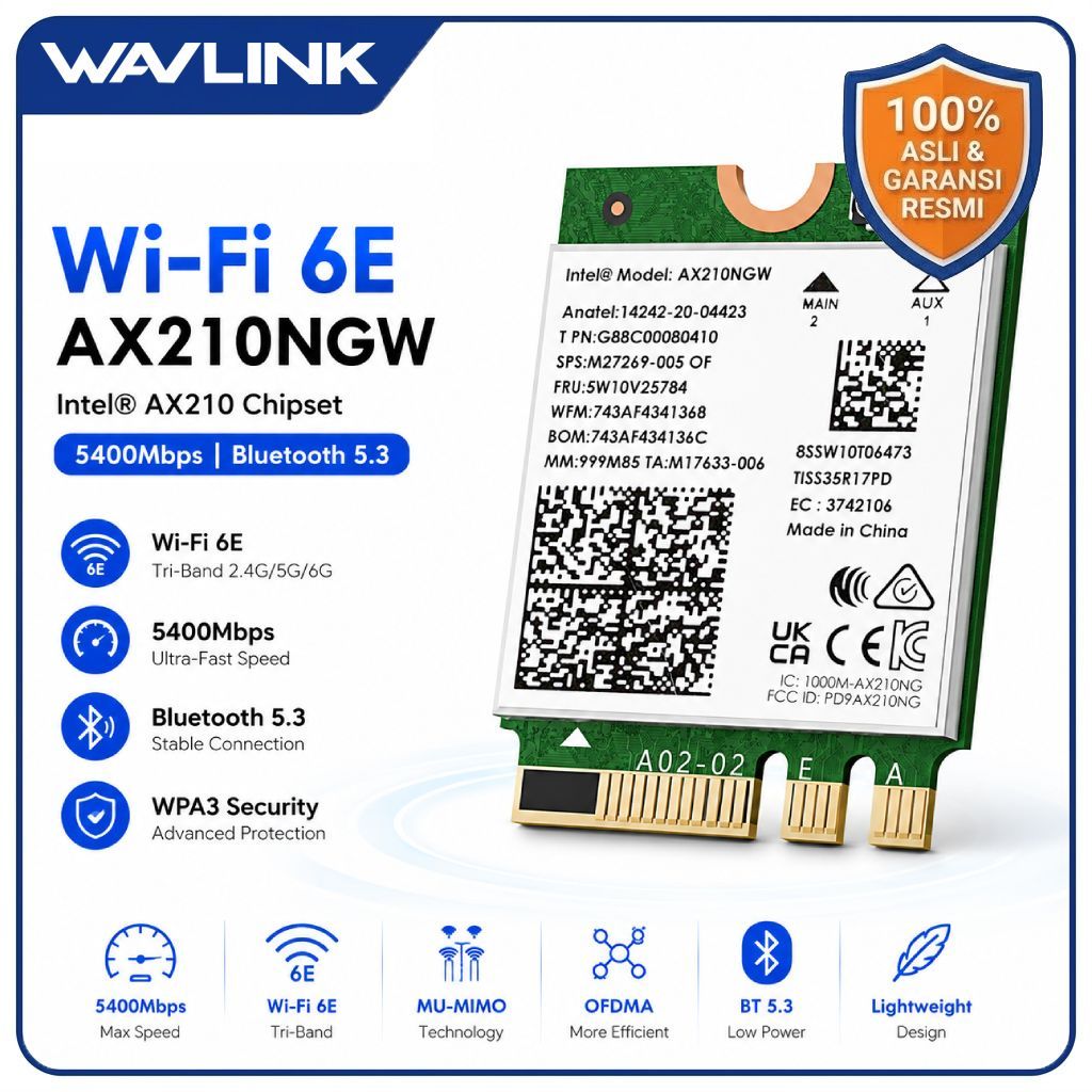 WAVLINK WiFi 6E M.2 Card AX5400 Tri-band 6GHz 2400Mbps Bluetooth 5.3 Intel AX210 untuk Laptop
