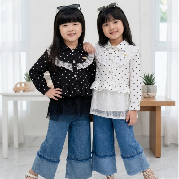 Setelan Anak Polkadot Mix Jeans Variasi Renda Model Korean Style Usia 3-10 Tahun - Setcel Jeans Mode
