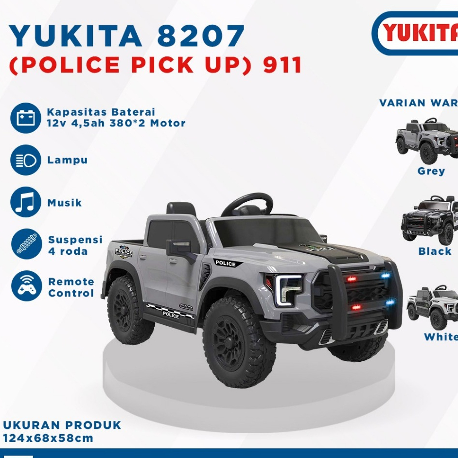 Mainan Mobil Aki Anak Polisi Yukita 8207 Police Pick up Mobil Police remote kontrol