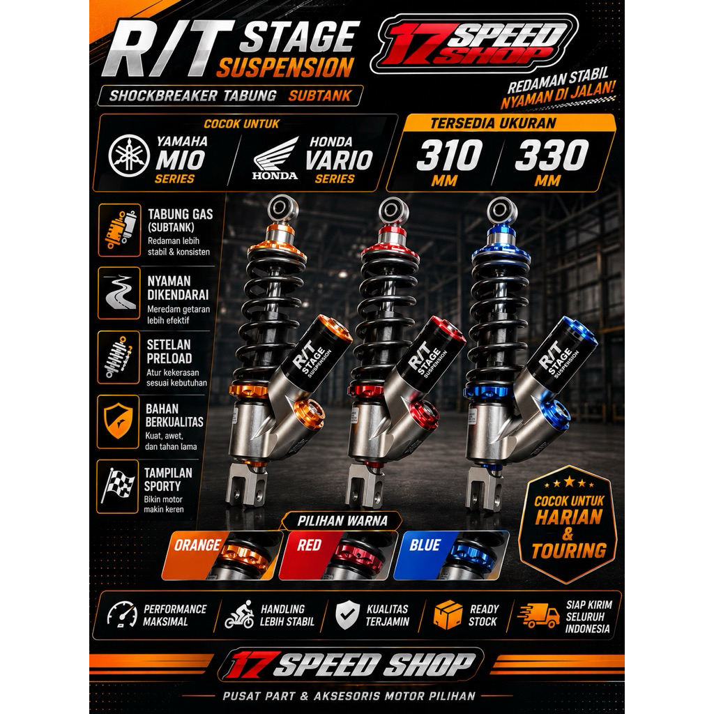 RT STAGE SHOCK BREAKER X2 ORIGINAL ABSORBER TABUNG BAWAH 310MM 330MM BEAT SCOOPY VARIO 110 125 150 1