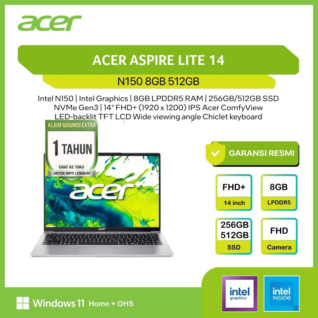 ACER ASPIRE LITE 14 N150 8GB 512GB W11+OHS+M365B 14.0WUXGA -32P.C1ES