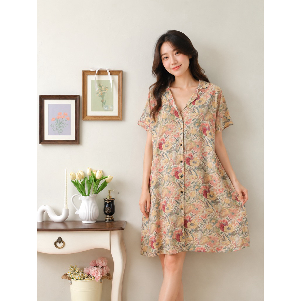 Izzah Dress | daster selutut | full kancing | daster pendek | baju tidur