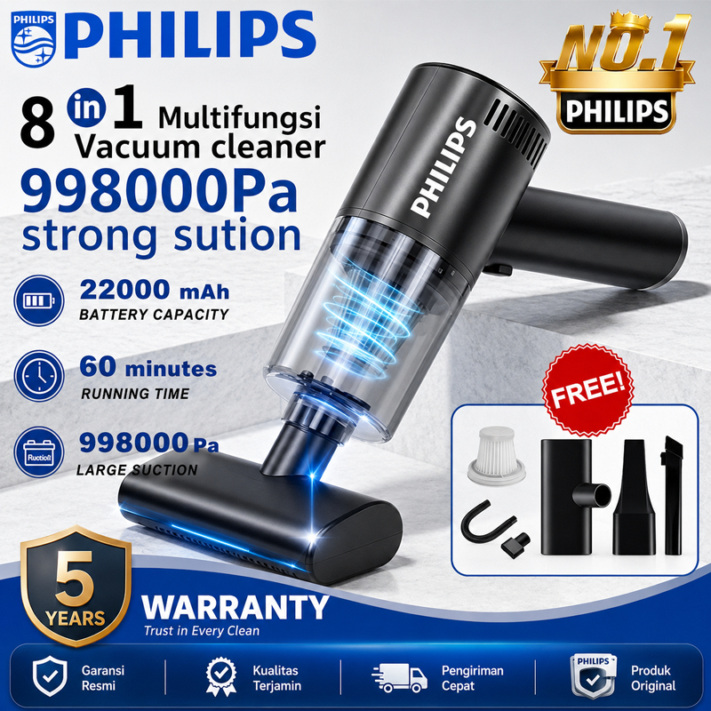 PHILIPS Vacuum Cleaner 8 in 1 999999Pa Nirkabel Penyedot Debu Genggam Daya Hisap Kuat Portable untuk
