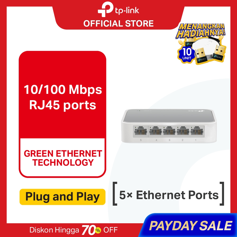 TP-Link TL-SF1005D | 5-Port Desktop Switch | 100Mbps Ethernet | RJ45 Hub | Plug & Play | Unmanaged