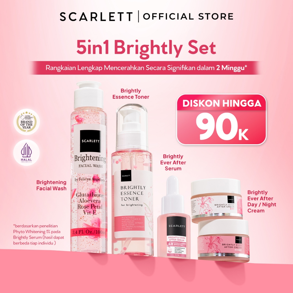 Scarlett Whitening 1pcs Brightly Series ( Toner, Facial Wash, Serum, Day Cream, Night Cream ) Mencer