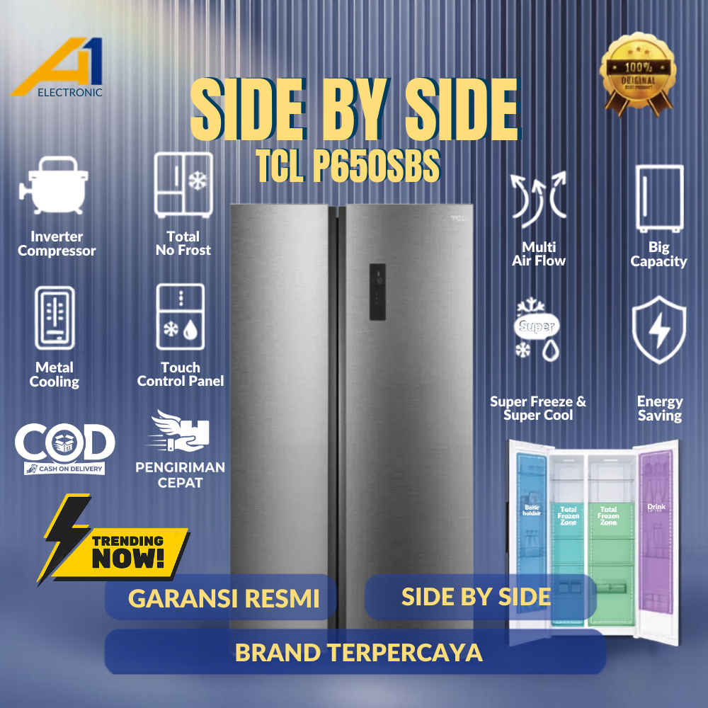 Kulkas TCL P650SBS Side by Side 505 Liter Galaxy Grey Metal