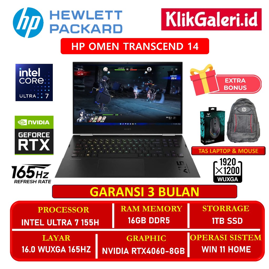 HP Omen Transcend 14 [Ultra 7 155H/16GB/1TB/RTX4060] 2.8K OLED 120Hz RGB Win11 - Black (Ex Display G