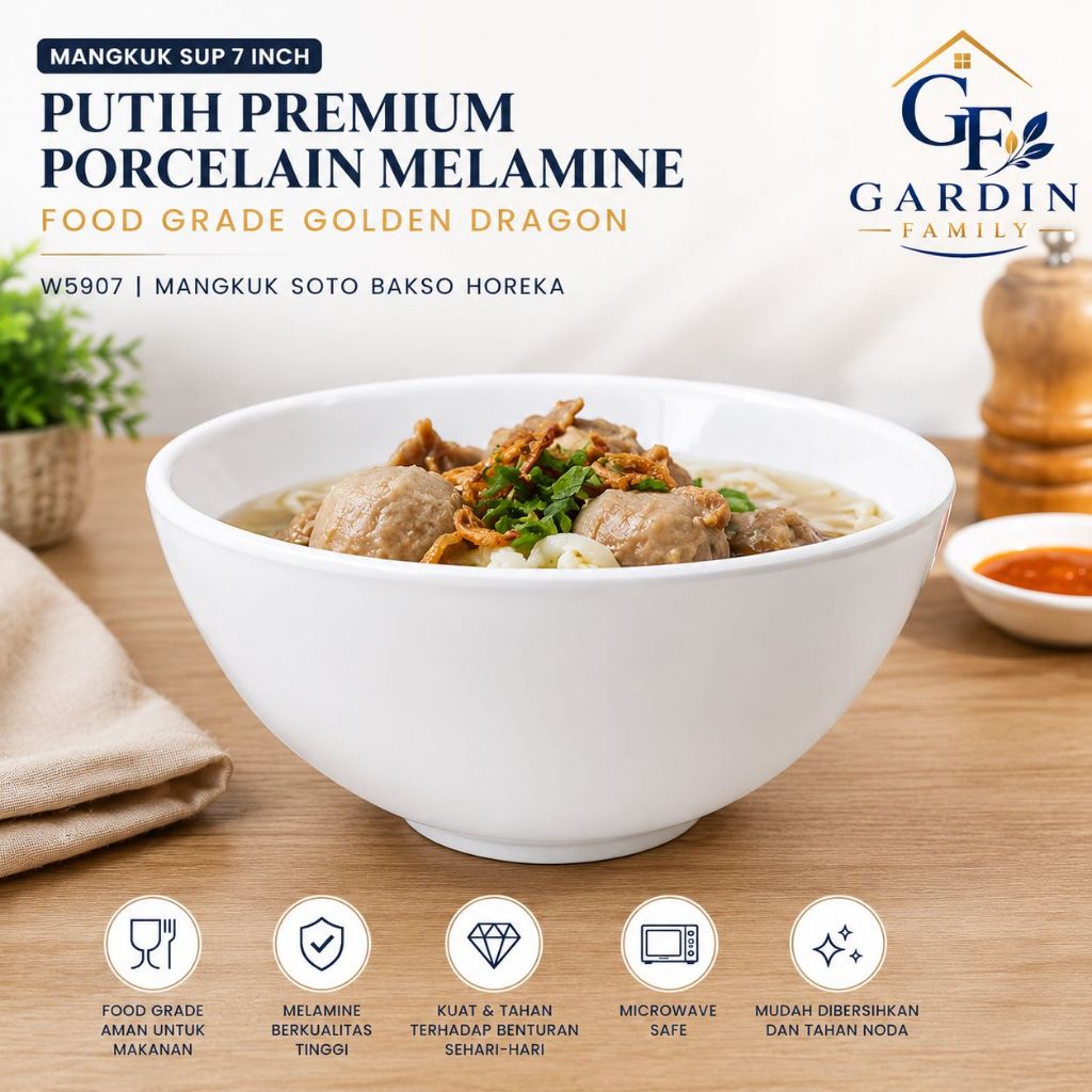 Mangkuk Sup 7 Inch Putih Premium Porcelain Melamine Food Grade Golden Dragon W5907 | Mangkuk Soto Ba