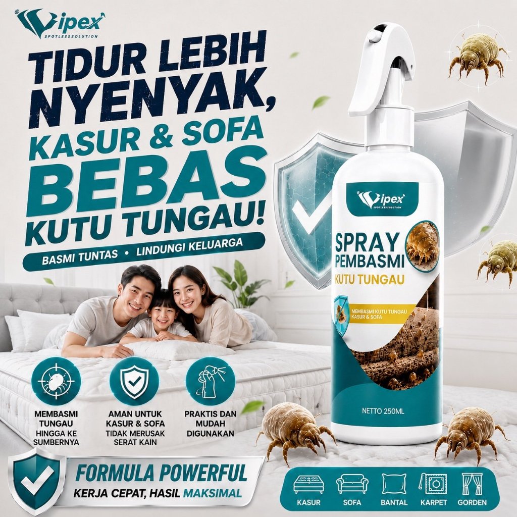 WIPEX Spray Pembasmi Kutu Tungau Kasur 250 Ml Anti Bakteri Obat Anti Kutu Busuk Sofa Karpet Bantal