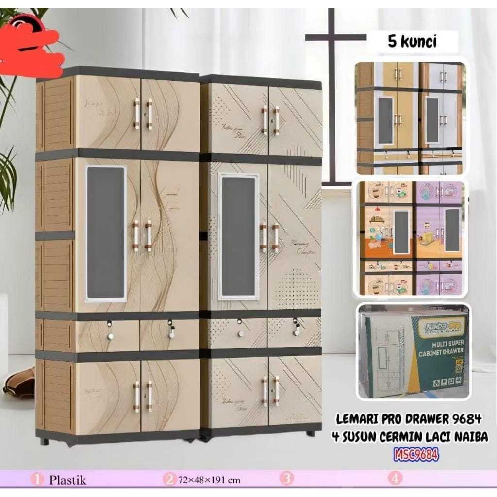 ( INSTANT ) LEMARI PAKAIAN BAJU BUKU PLASTIK / NAIBA PRO MIRROR DRAWER 9684 KACA