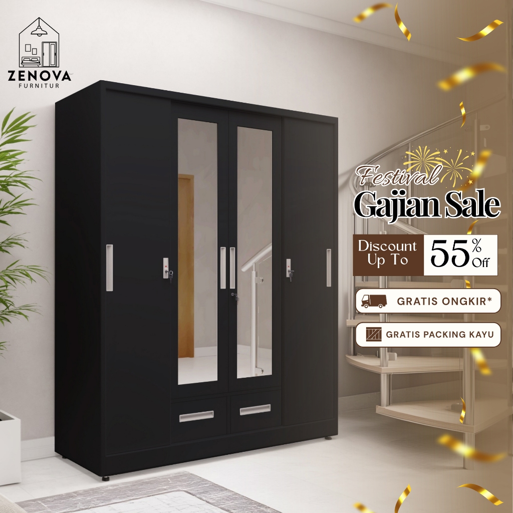 ZENOVA Official Lemari Pakaian Besi 160 Cm 4 Pintu Sliding Swing 1 Hanger 2 Laci Cermin Minimalis