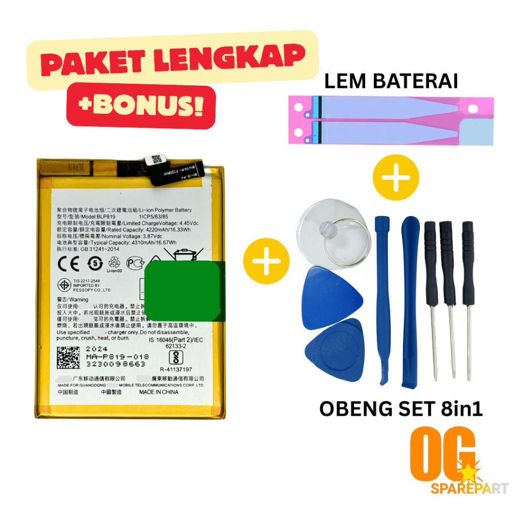 Baterai Battery Batre 0PP* 0P0 OPO Reno 5 / Reno 6 4G + (BONUS OBENG & LEM BATERAI) BLP819 ORIGINAL