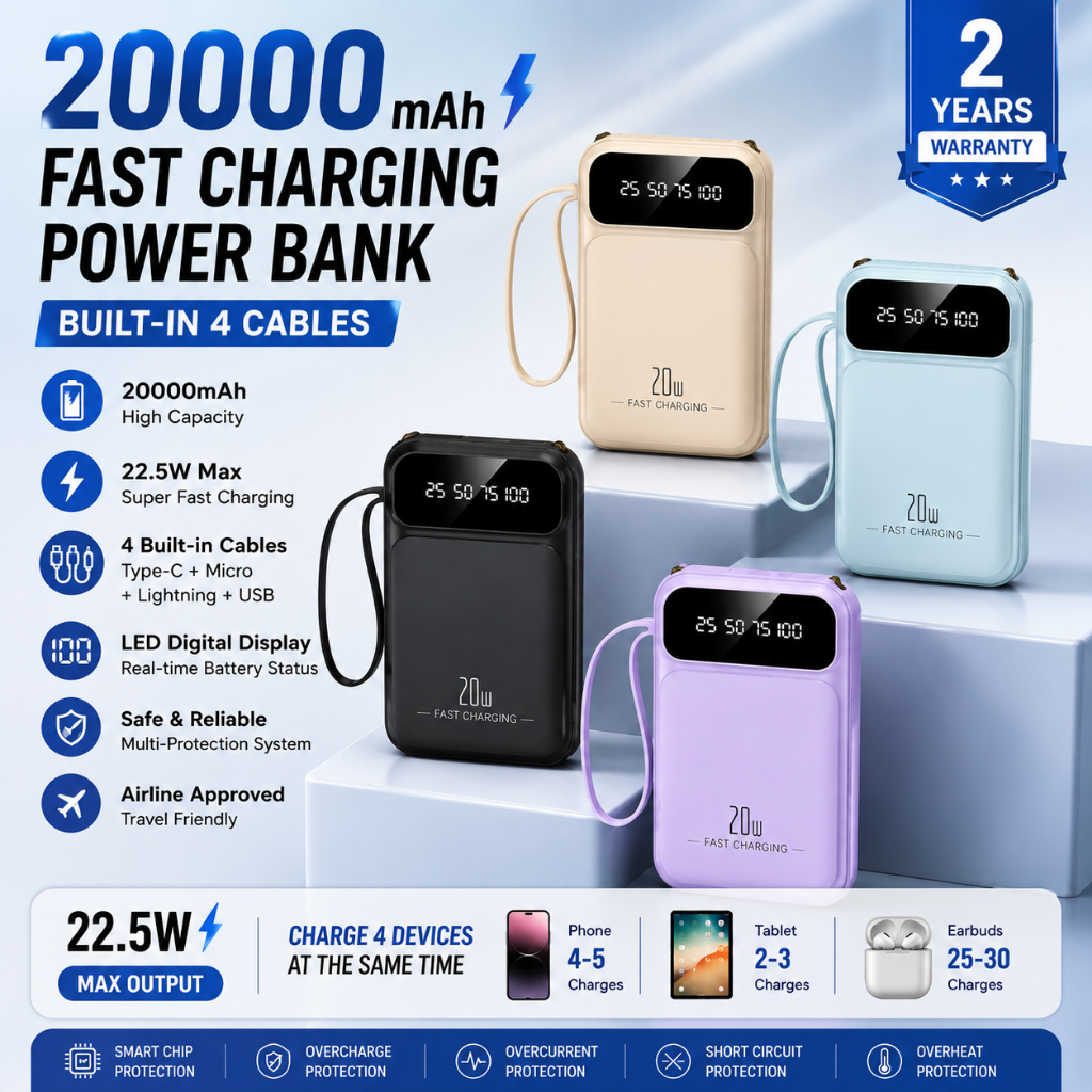 HZSUM LENTIVEN Mini Powerbank 20000 MAh With Kabel Fast Charging LED Senter Display