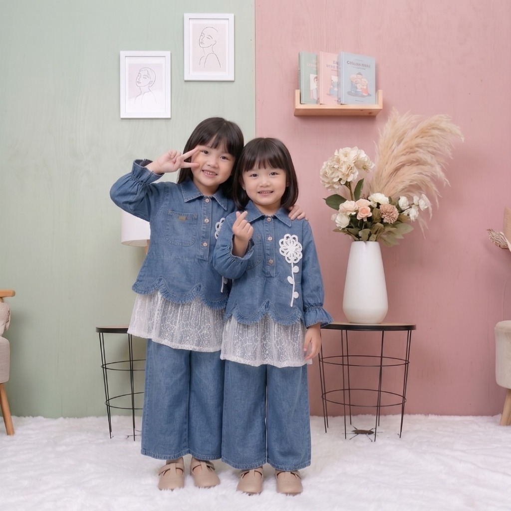 Setelan Callista MIX Renda Bunga 2in1 Anak Perempuan Usia 3 - 10 Tahun  Set Denim Snow Renda Celana 