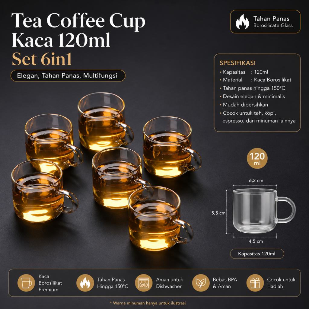 Set Tea Coffee Cup 120ml Isi 6 | Cangkir Kaca Bening Tahan Panas