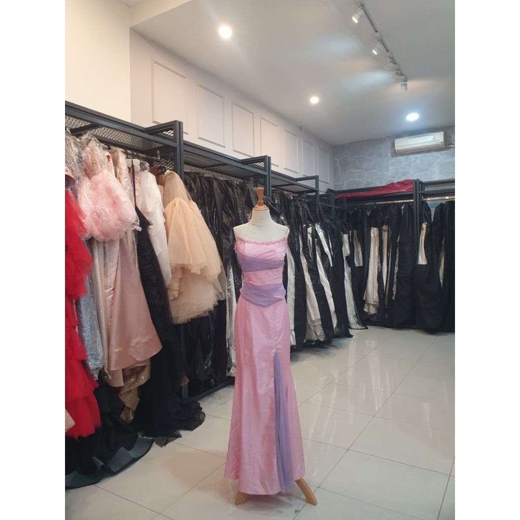 Gaun baju pesta warna pink kombi tile ungu model kemben size XS atasan dan bawahan