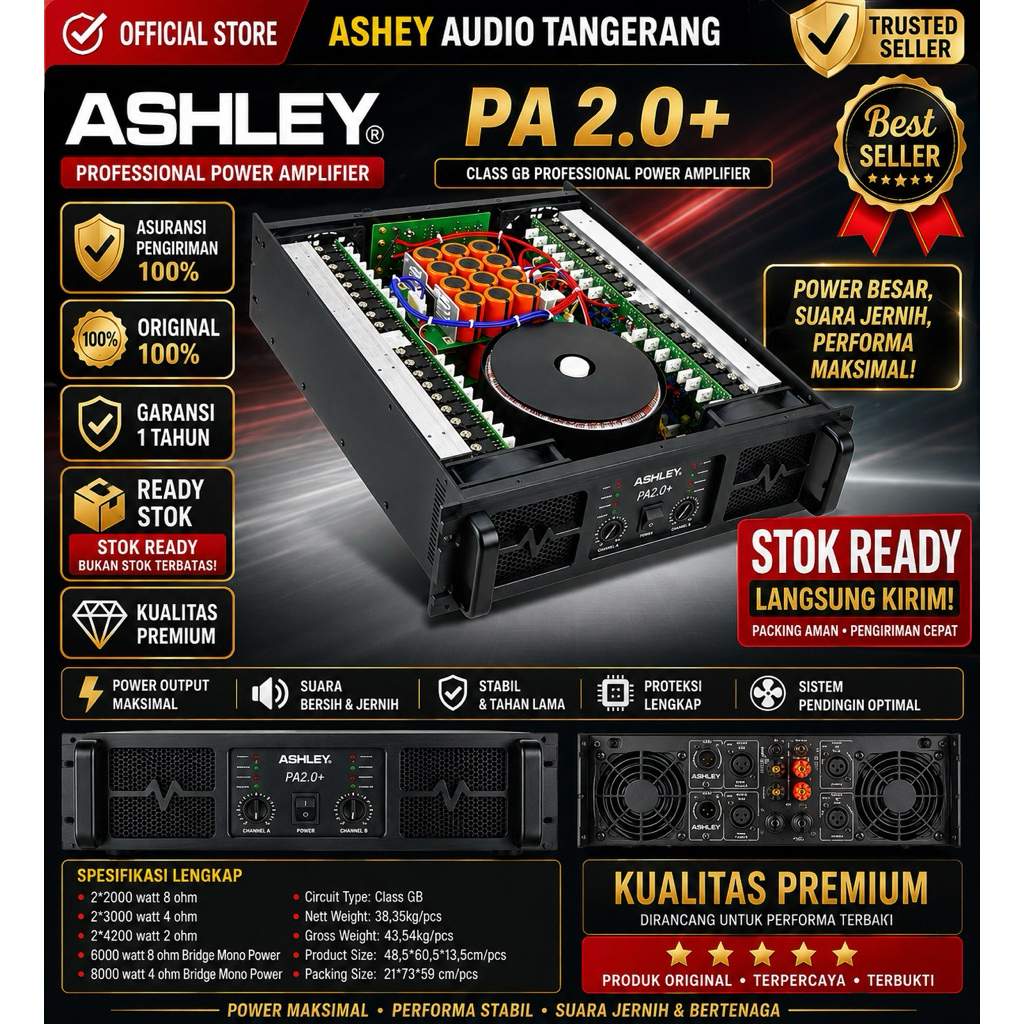 POWER AMPLIFIER ASHLEY 2 CHANNEL CLASS GB 2000WATT PA2.0+ PA 2.0+ PA20 ORIGINAL BERGARANSI RESMI ASH