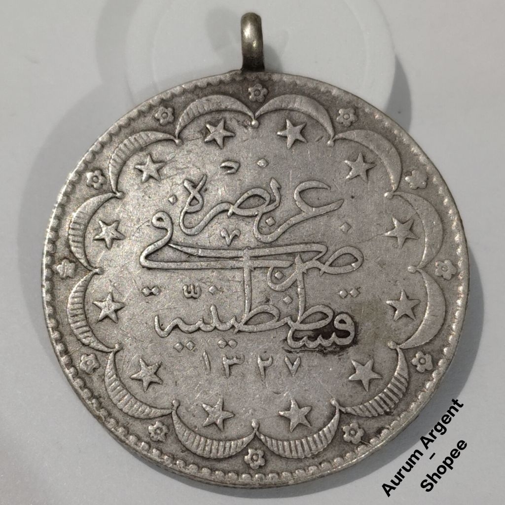 LTK.7-- 1 PC LIONTIN KOIN PERAK KUNO ASLI 20 KURUSH KEKAISARAN OTTOMAN - SULTAN MUHAMMAD-V TH 1917. 